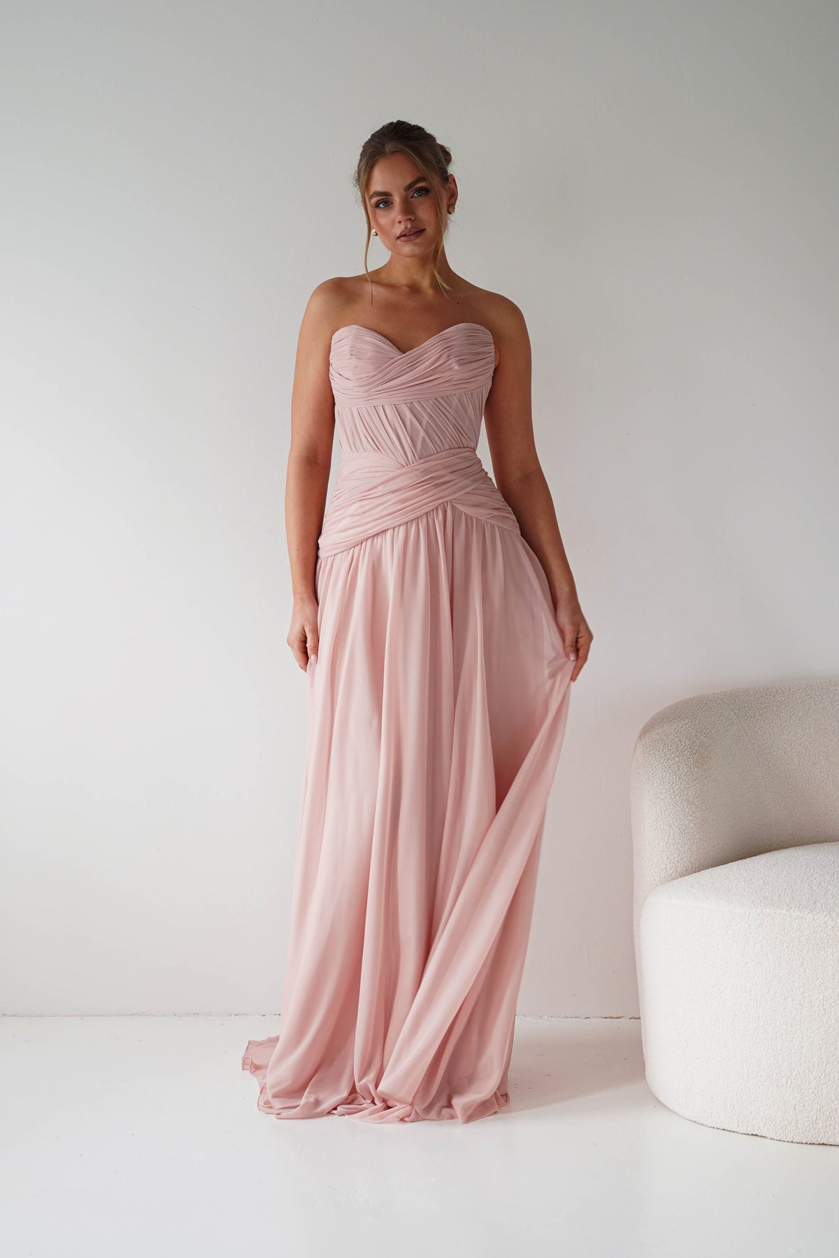 Nicolette Strapless Chiffon Maxi Gown | Blush-Oh Hello Clothing