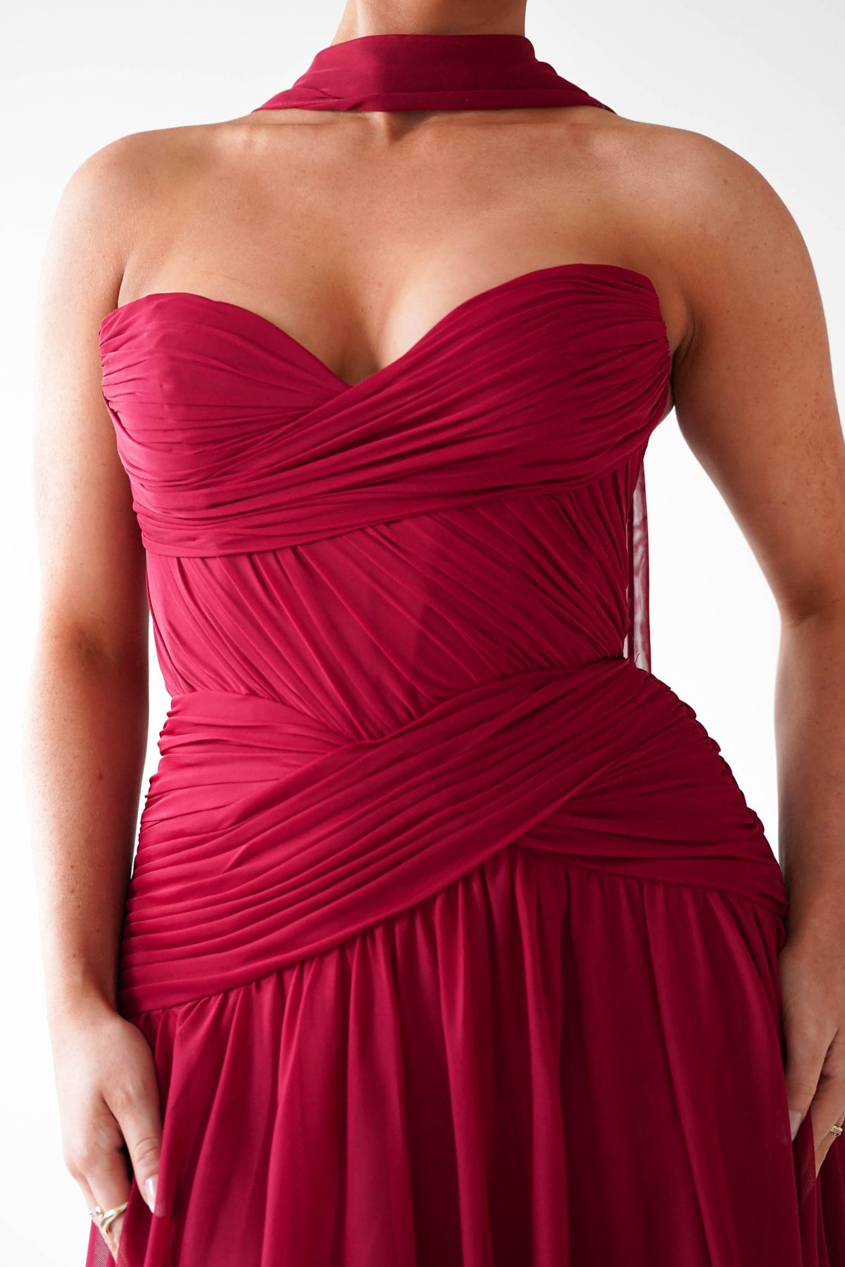 Nicolette Strapless Chiffon Maxi Gown | Dark Red-Oh Hello Clothing