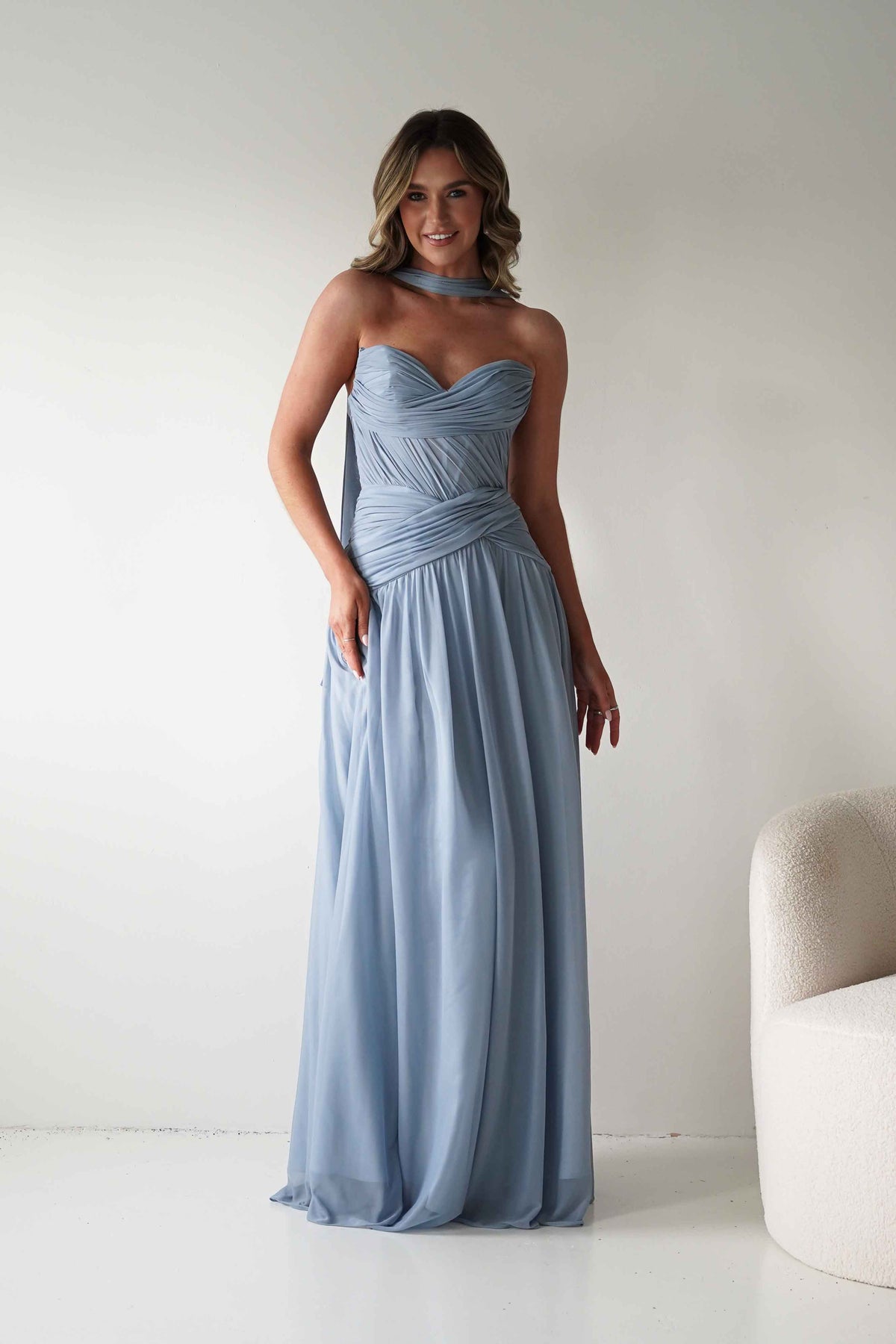 Nicolette Strapless Chiffon Maxi Gown | Dusty Blue-Oh Hello Clothing