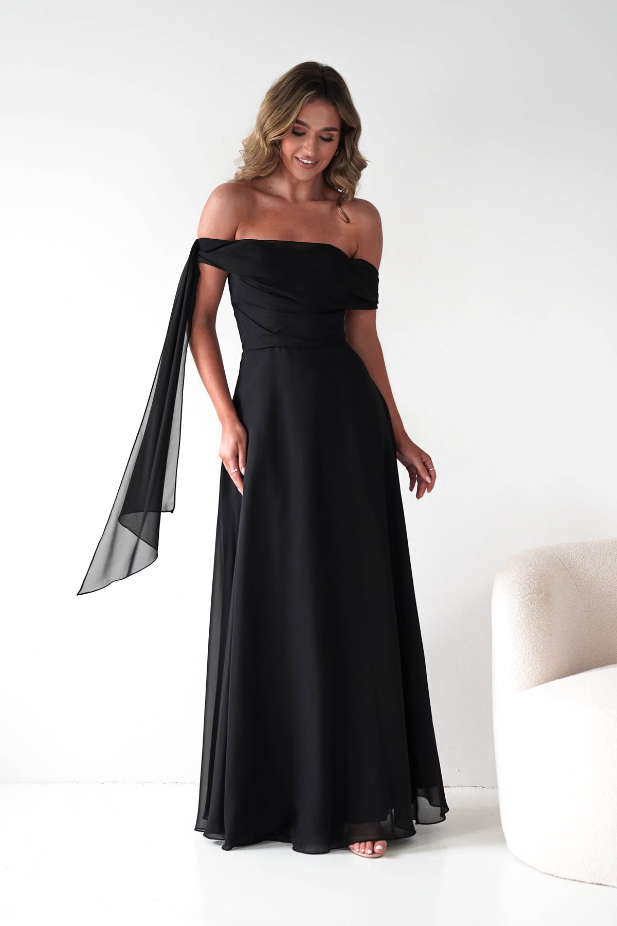 Ninette Off The Shoulder Chiffon Maxi Dress | Black-Oh Hello Clothing