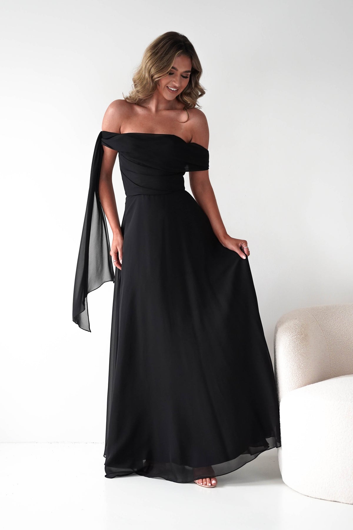 Ninette Off The Shoulder Chiffon Maxi Dress | Black-Oh Hello Clothing