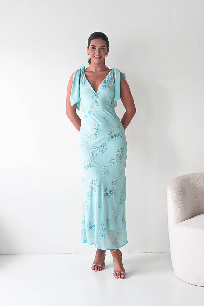 Noah Floral Embellished Maxi Dress | Turquoise Blue-Oh Hello Clothing