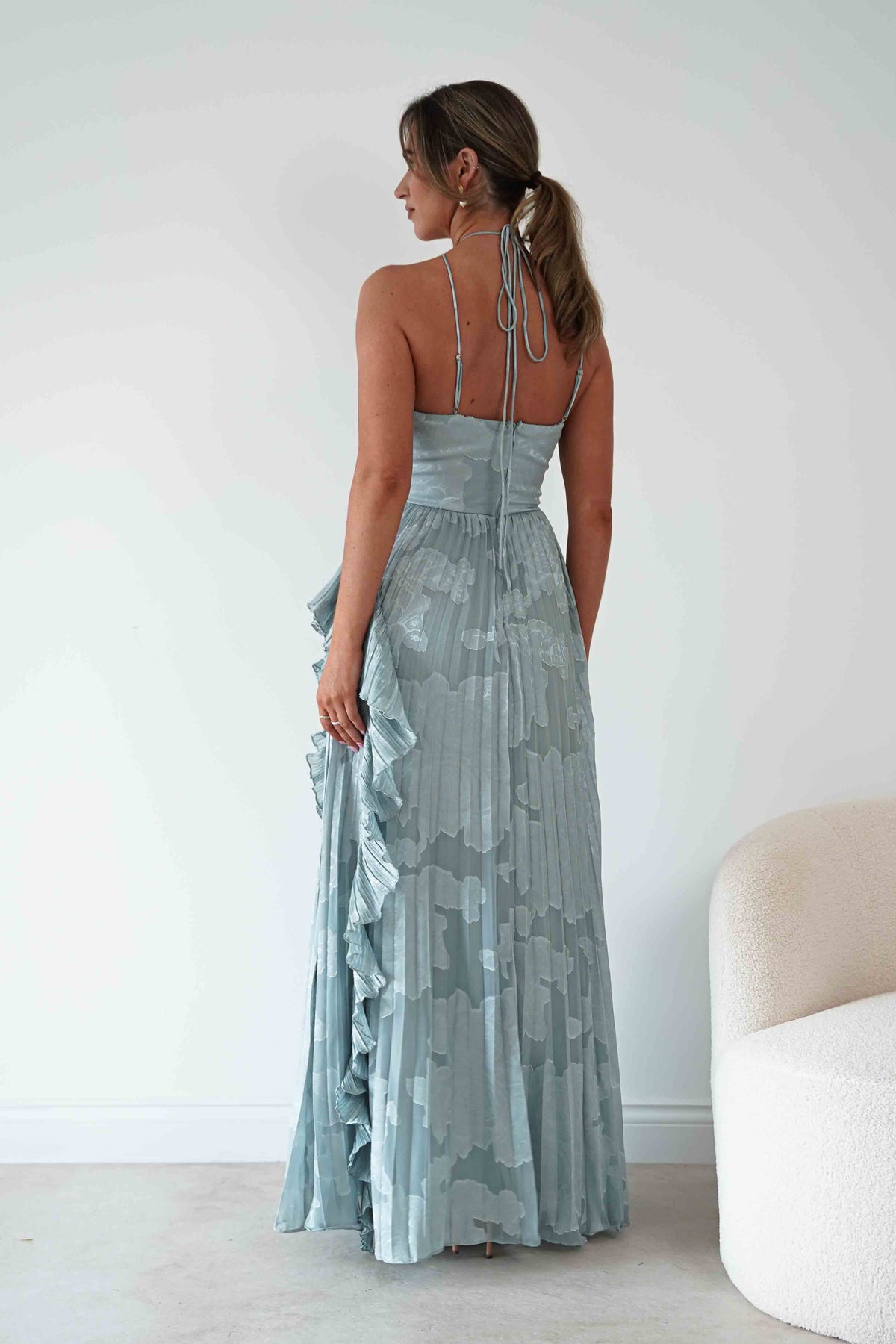 Oaklyn Floral Textured Ruffle Pleated Maxi Dress | Dusty Blue-Oh Hello Clothing