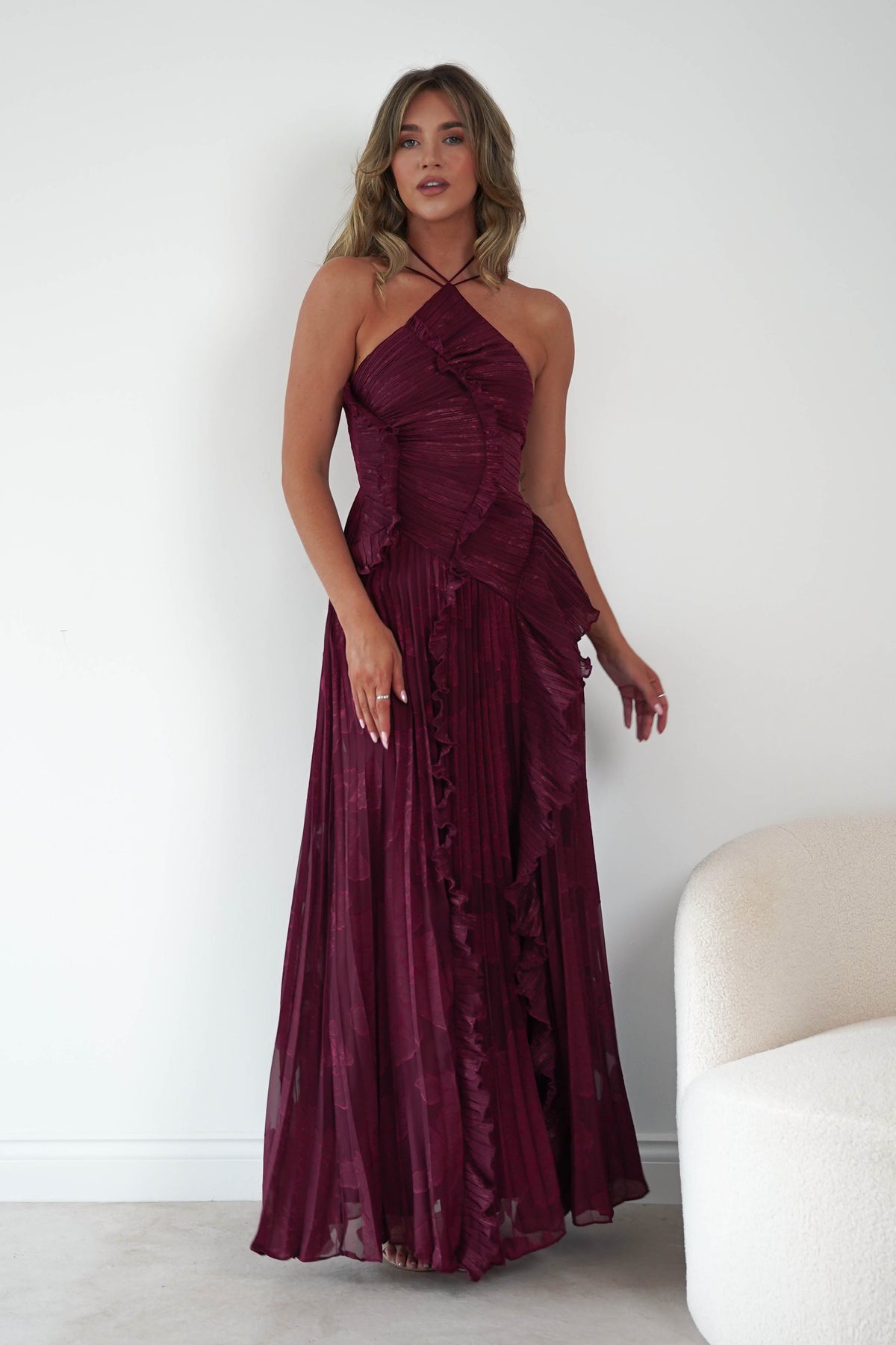 Oaklyn Floral Textured Ruffle Pleated Maxi Dress | Wine-Oh Hello Clothing