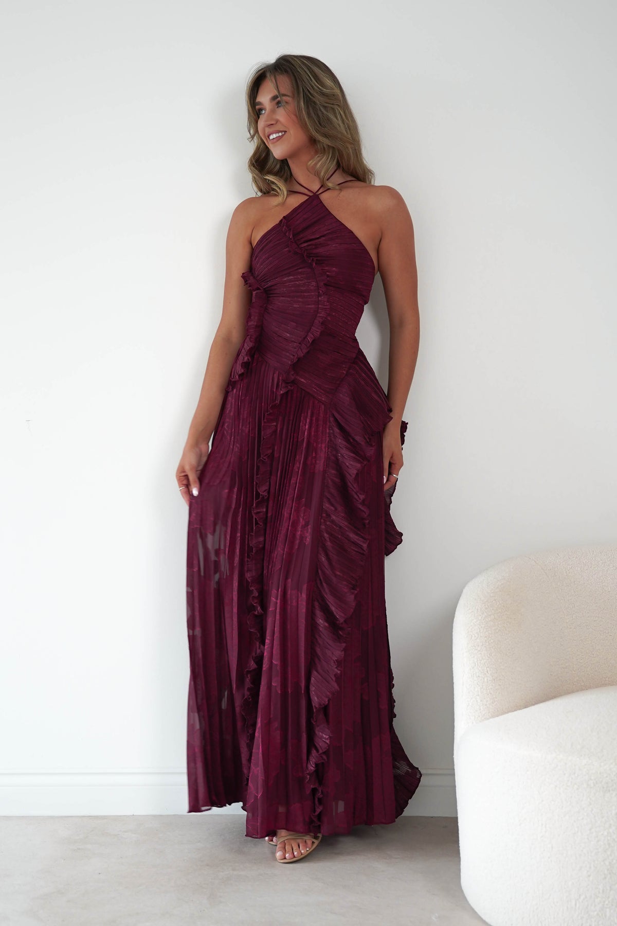 Oaklyn Floral Textured Ruffle Pleated Maxi Dress | Wine-Oh Hello Clothing