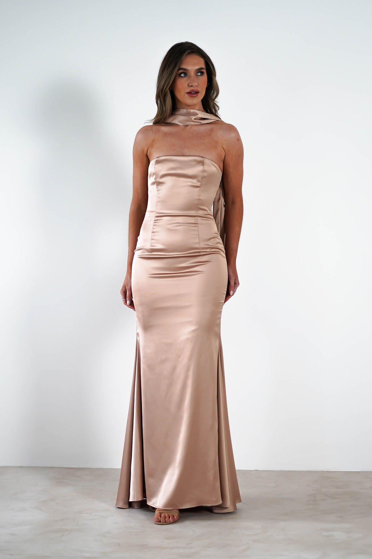 Orellia Satin Strapless Maxi Dress | Gold-Oh Hello Clothing