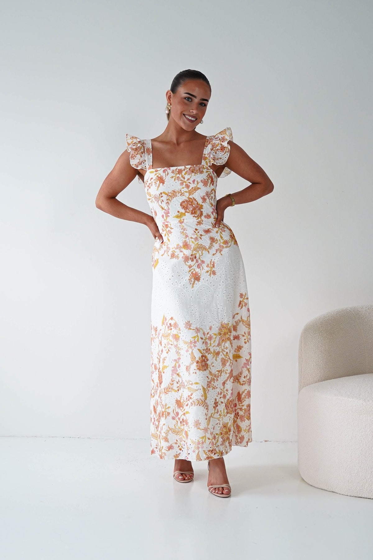 Orla Floral Print Maxi Dress | Orange/White-Oh Hello Clothing