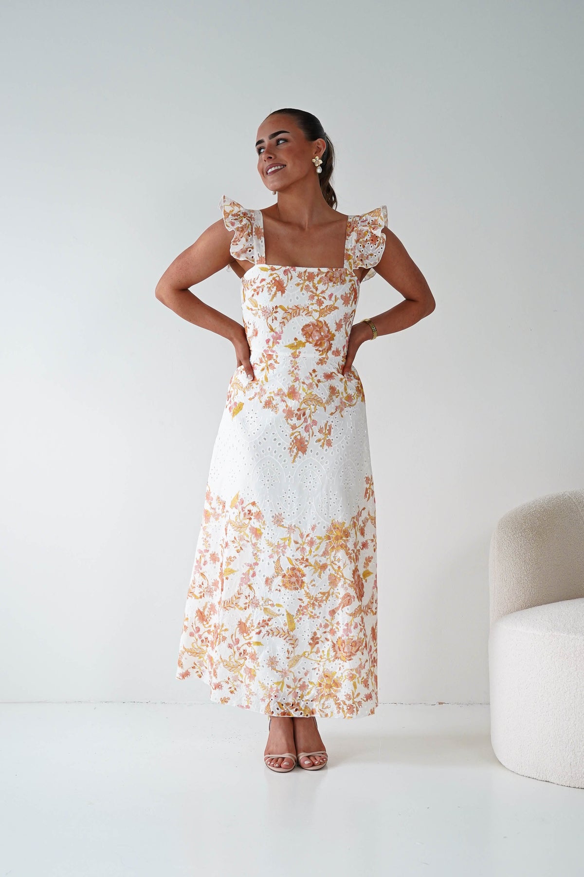 Orla Floral Print Maxi Dress | Orange/White-Oh Hello Clothing