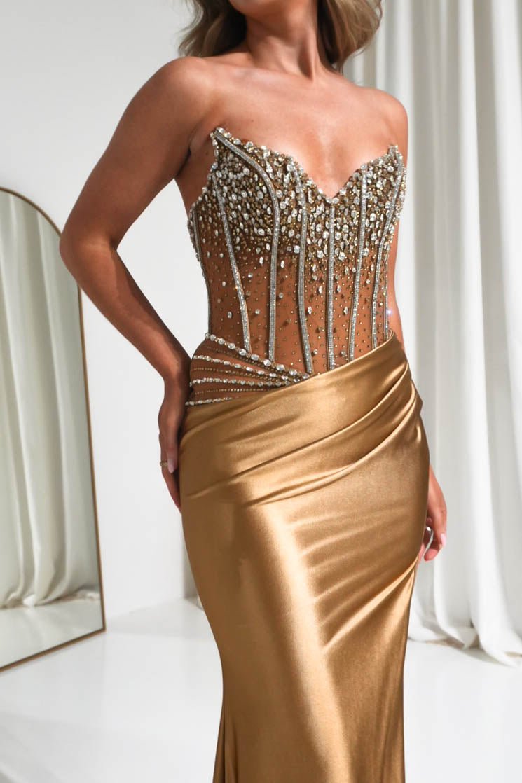 Paloma Crystal Embellished Sheer Corset Gown | Bronze-Oh Hello Clothing