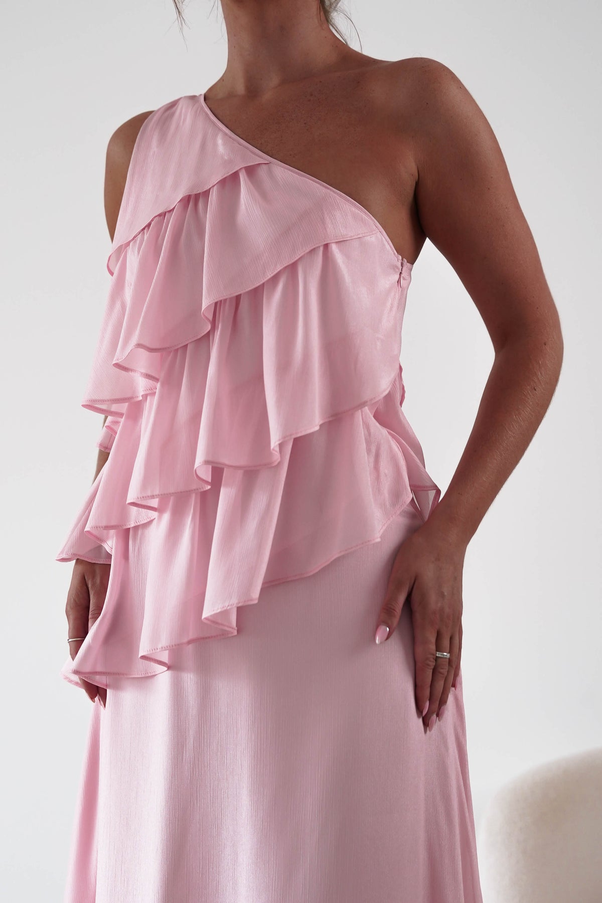 Peaches Asymmetric Ruffle Maxi Dress | Pink-Oh Hello Clothing