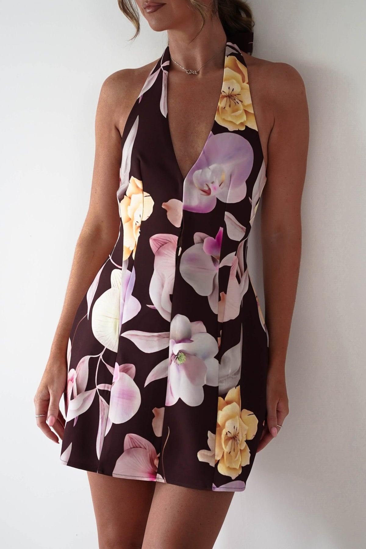 Peony Floral Structured Halter Neck Mini Dress | Brown-Oh Hello Clothing