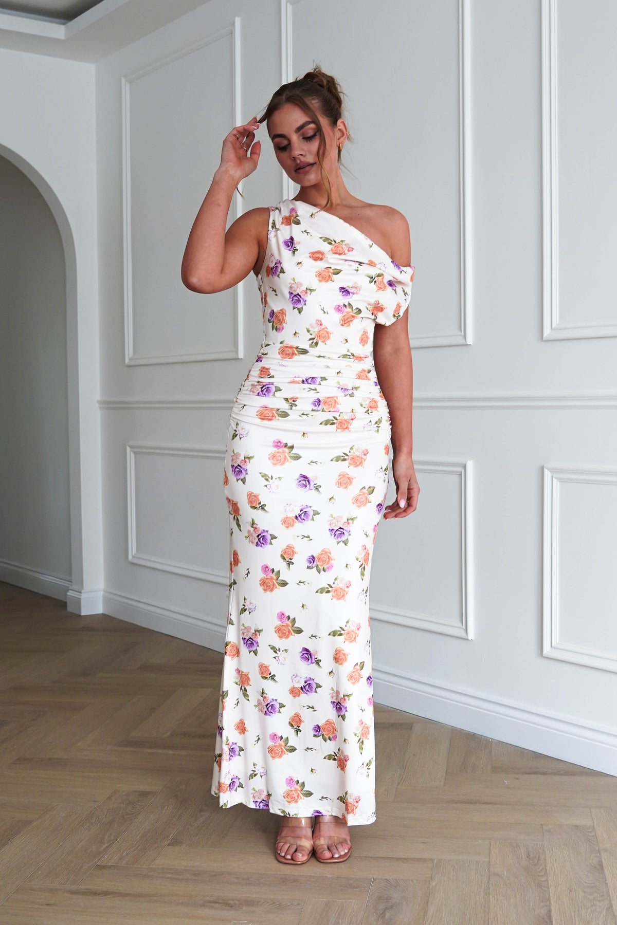 Pica Floral Ruched Cowl Neck Midi Dress-Oh Hello Clothing