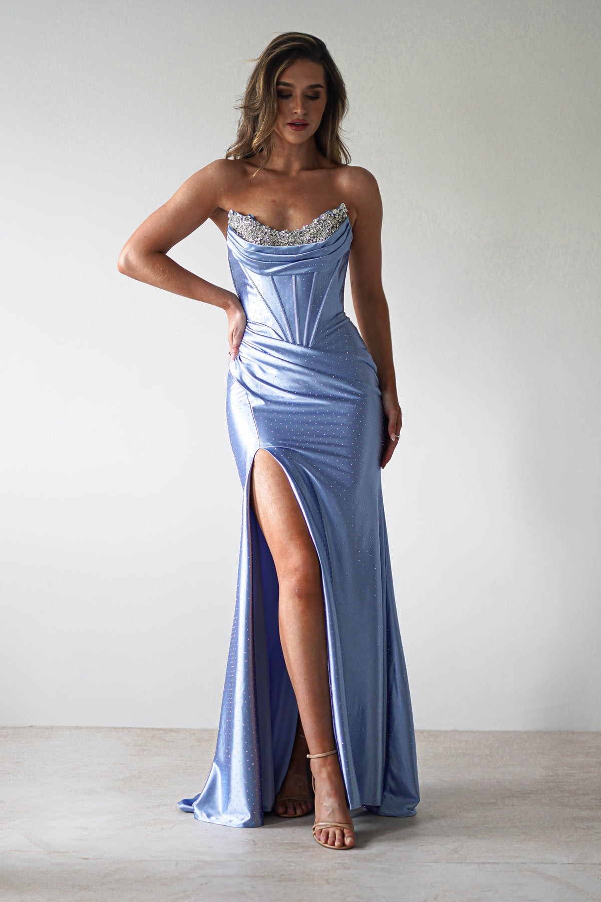 Pranvera Embellished Micro Crystal Gown | Dusty Blue-Oh Hello Clothing