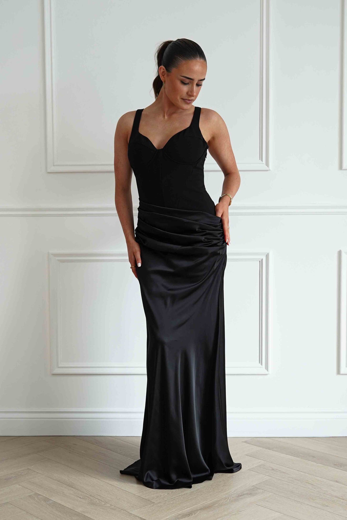 Rachel Structured Draped Maxi Dress | Black-Oh Hello Clothing