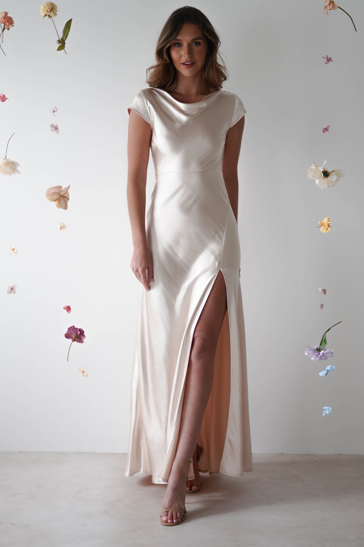 Ramona Soft Satin Maxi Dress | Champagne-Oh Hello Clothing