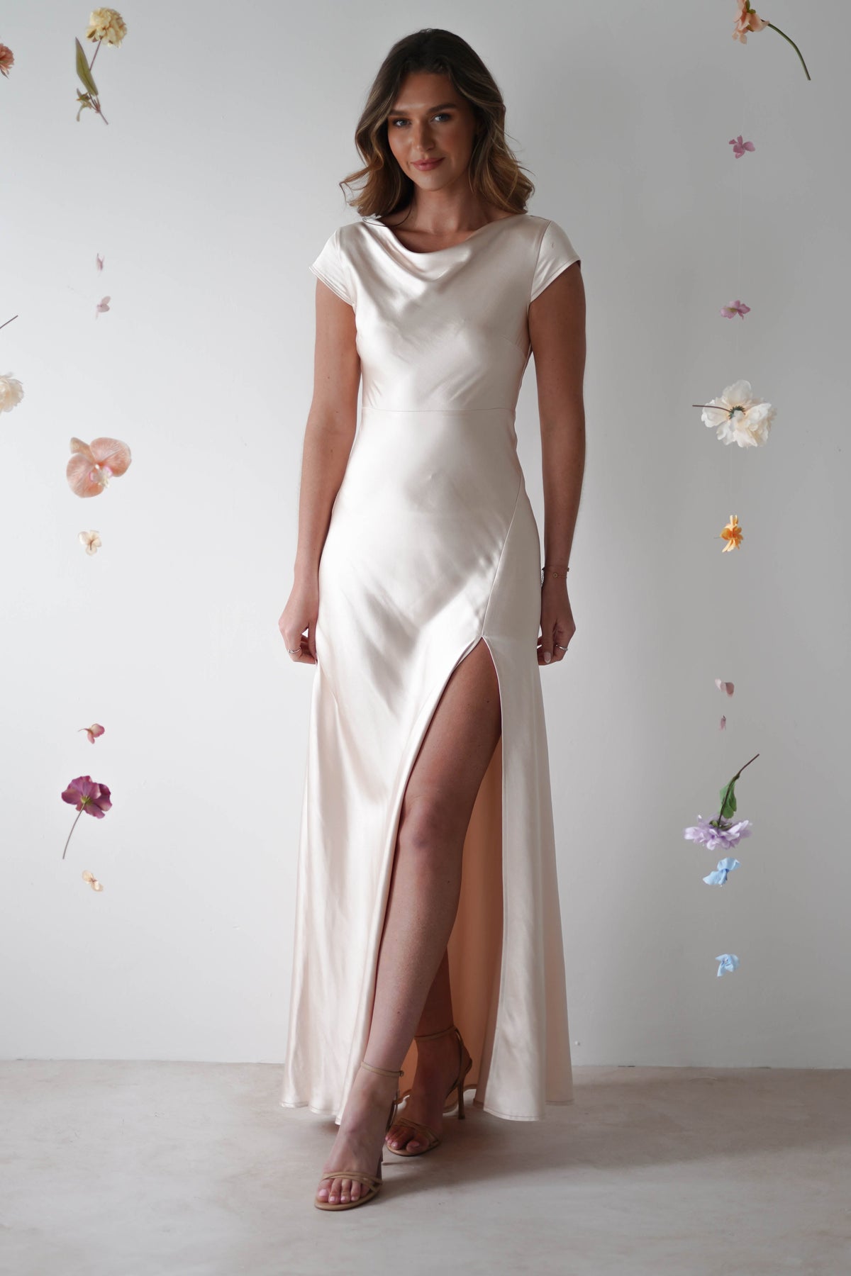 Ramona Soft Satin Maxi Dress | Champagne-Oh Hello Clothing