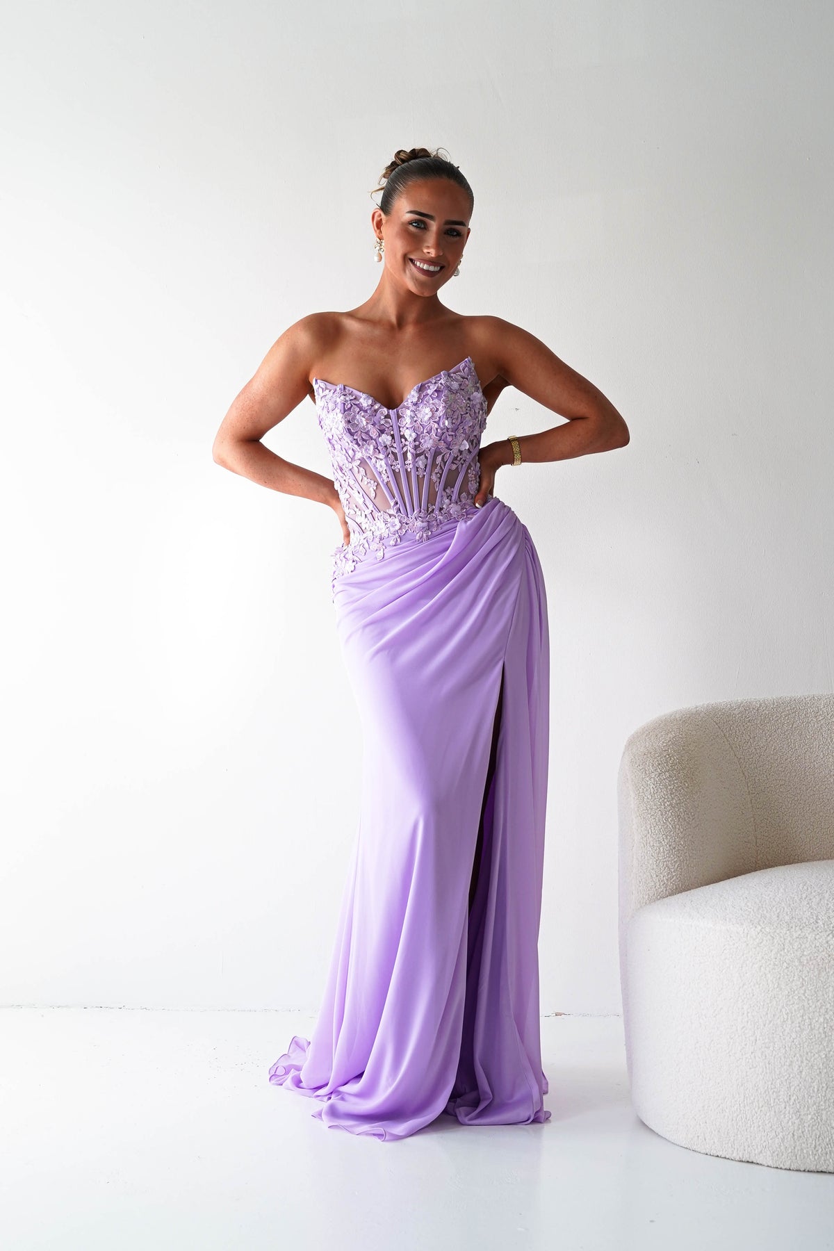 Ravina Strapless Lace Corset Maxi Gown | Lavender-Oh Hello Clothing
