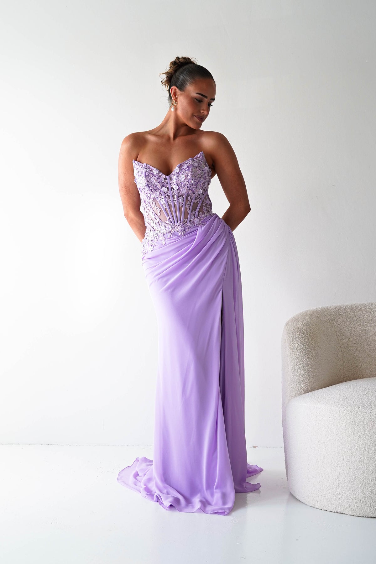 Ravina Strapless Lace Corset Maxi Gown | Lavender-Oh Hello Clothing