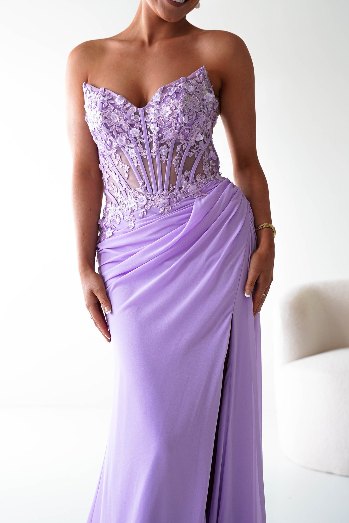 Ravina Strapless Lace Corset Maxi Gown | Lavender-Oh Hello Clothing