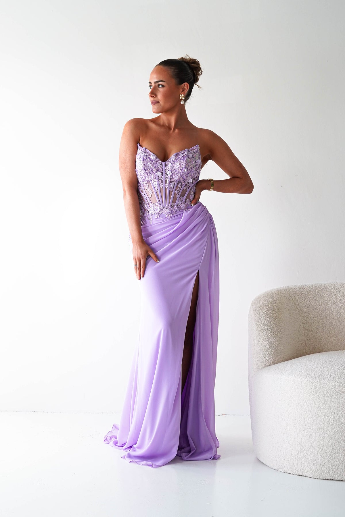Ravina Strapless Lace Corset Maxi Gown | Lavender-Oh Hello Clothing