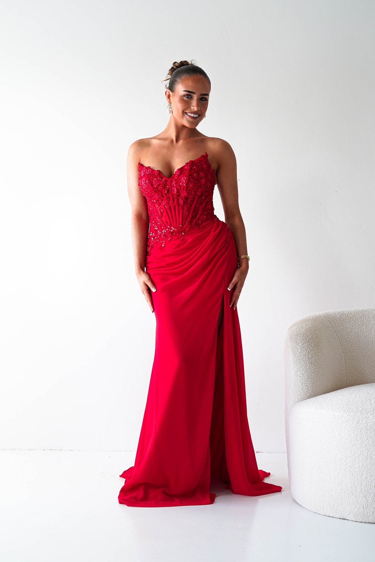 Ravina Strapless Lace Corset Maxi Gown | Red-Oh Hello Clothing