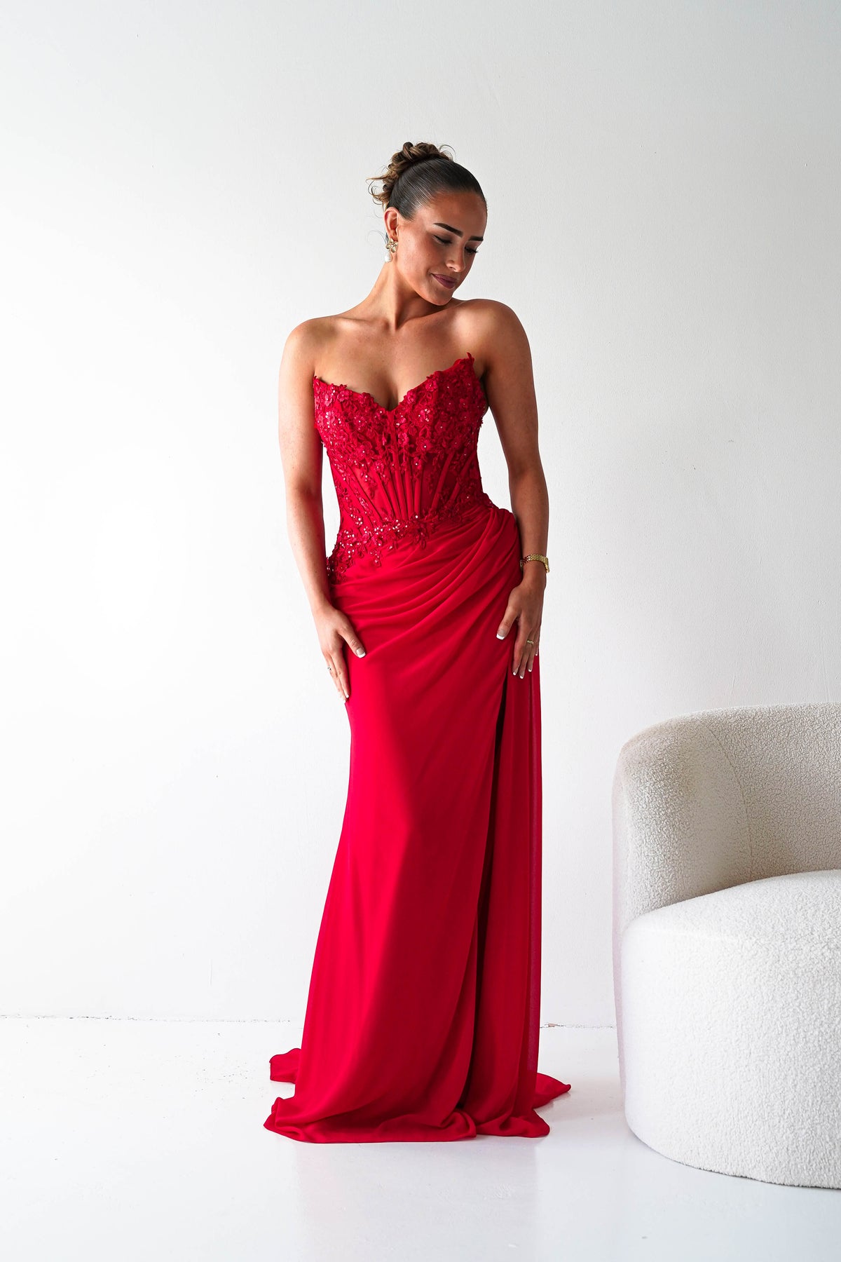 Ravina Strapless Lace Corset Maxi Gown | Red-Oh Hello Clothing