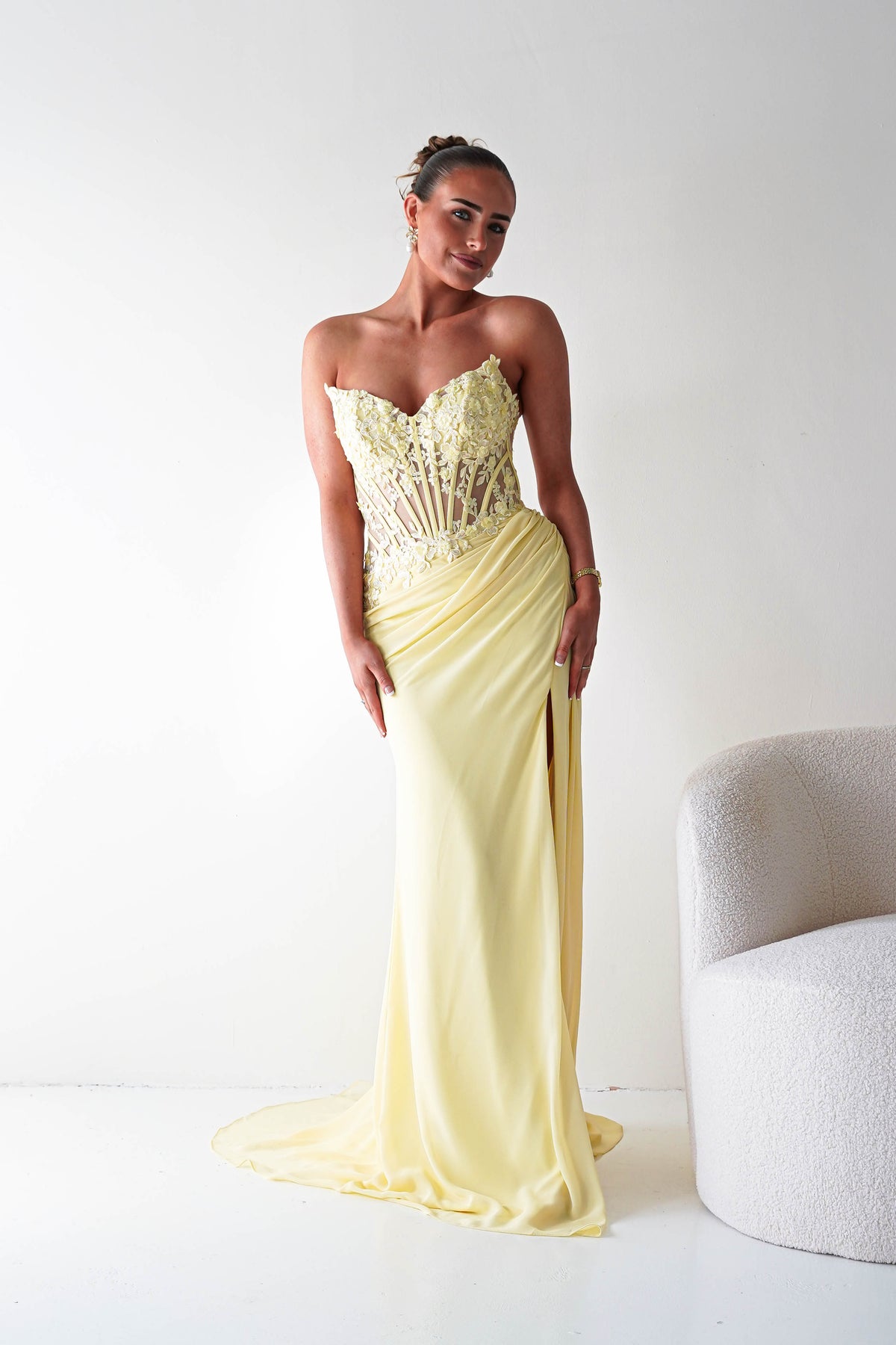 Ravina Strapless Lace Corset Maxi Gown | Yellow-Oh Hello Clothing