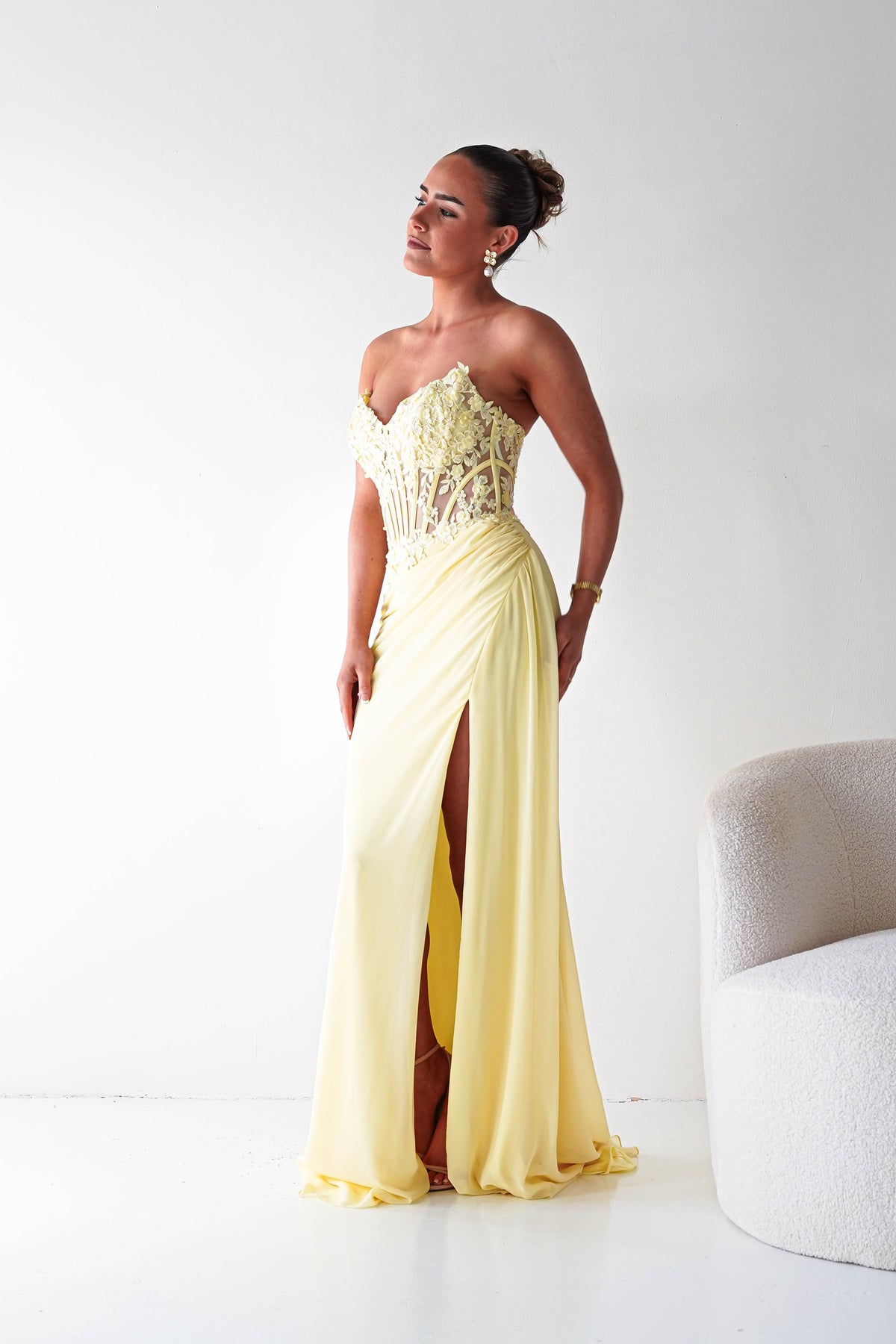 Ravina Strapless Lace Corset Maxi Gown | Yellow-Oh Hello Clothing