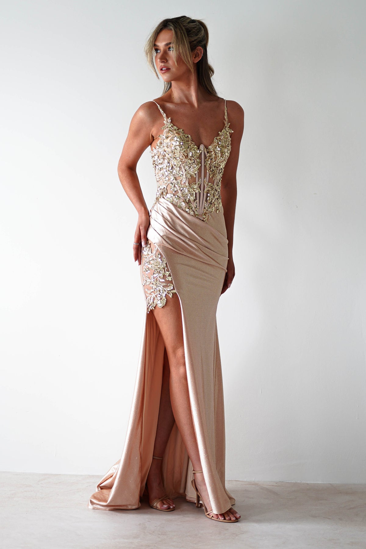 Regina Embellished Bodice Gown | Champagne/Gold-Oh Hello Clothing