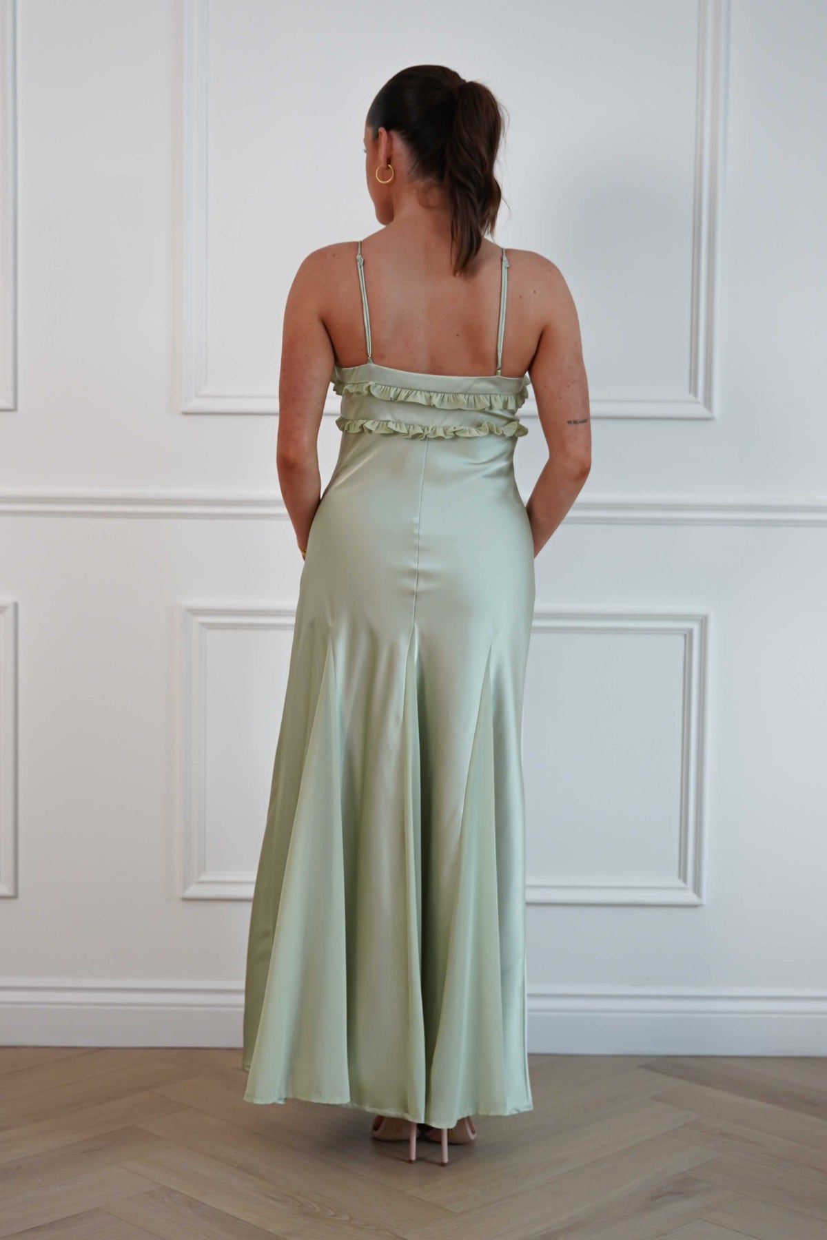 Remi Frill Trim Satin Maxi Dress | Sage-Oh Hello Clothing