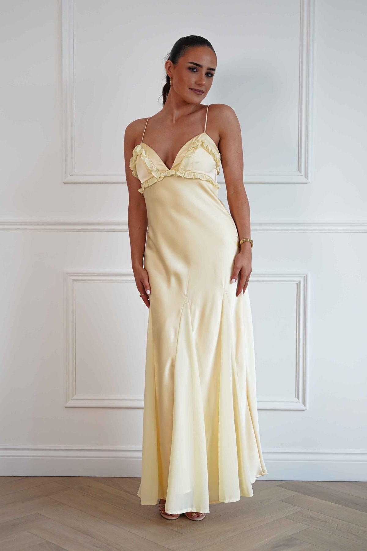 Remi Frill Trim Satin Maxi Dress | Yellow-Oh Hello Clothing
