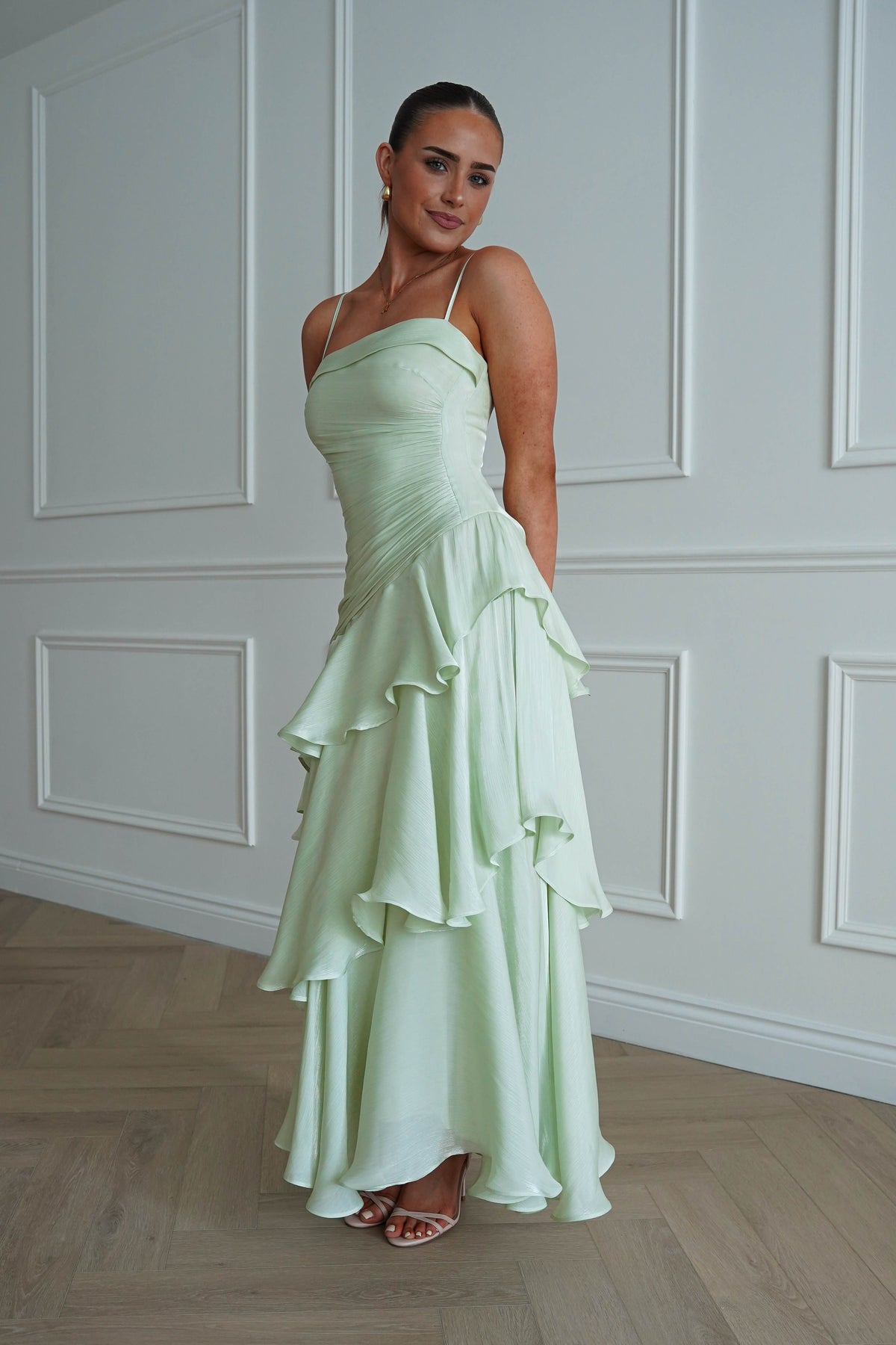 Renee Luminescent Ruffle Maxi Dress | Pistachio-Oh Hello Clothing