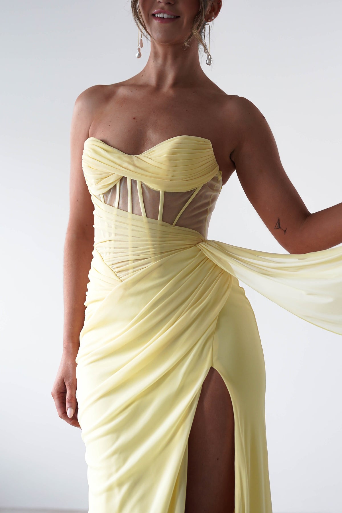Robyn Draped Fitted Stapless Gown | Yellow-Oh Hello Clothing
