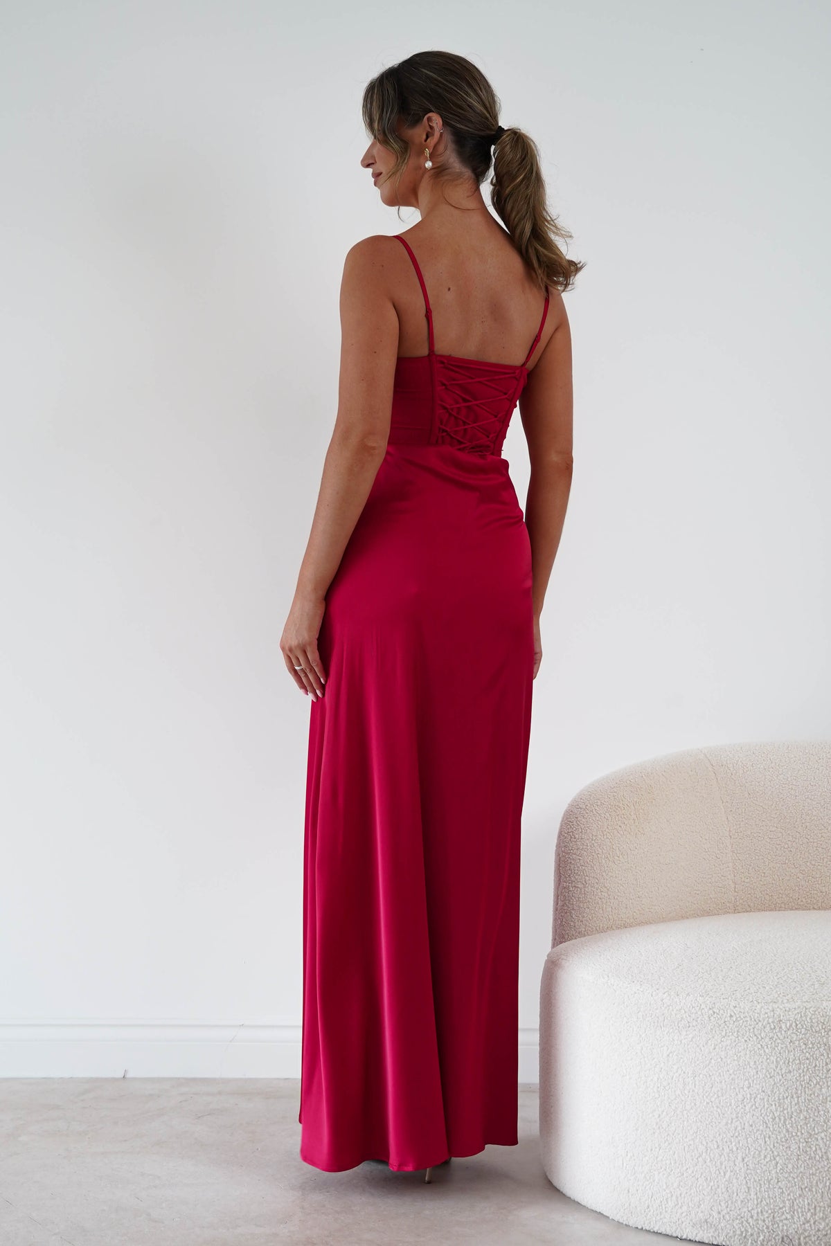 Rosa Satin Corset Draped Maxi Dress | Red-Oh Hello Clothing