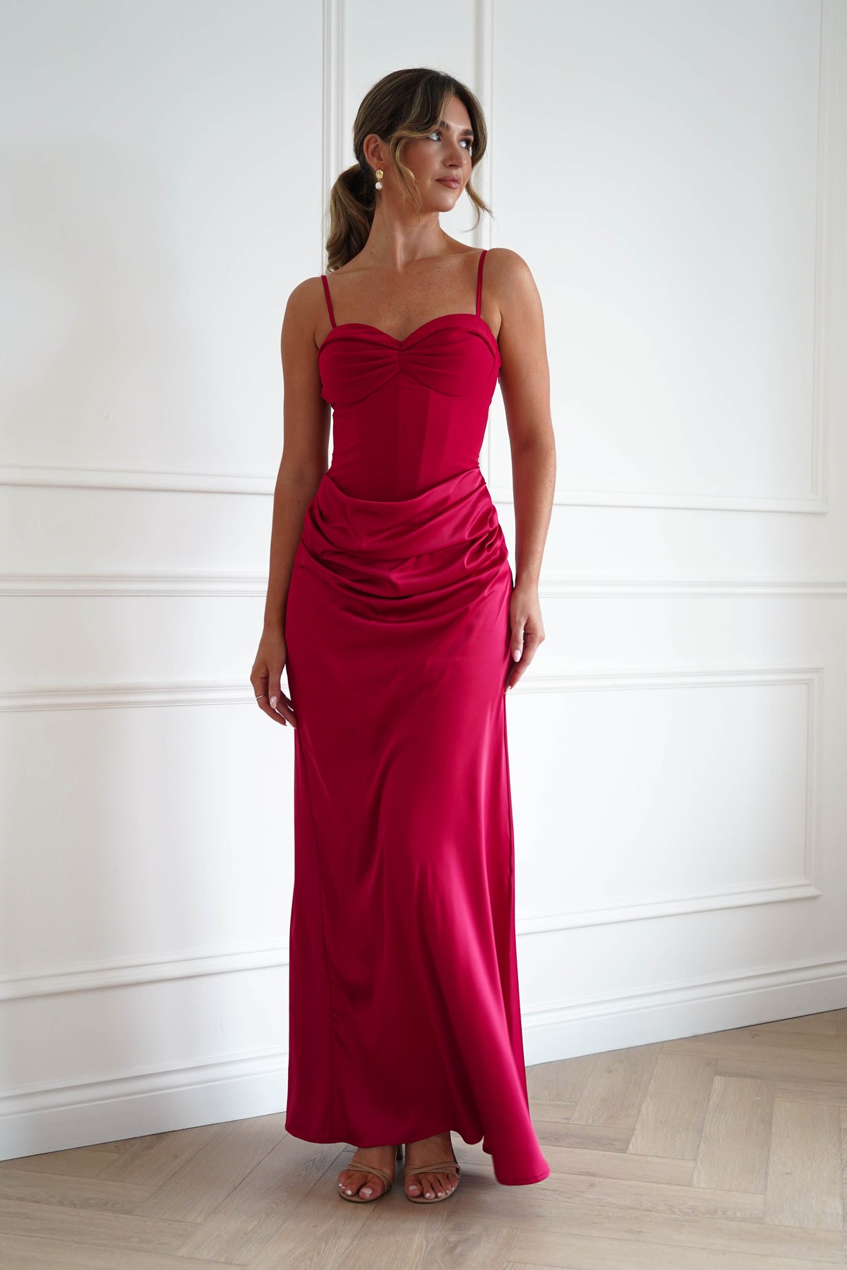 Rosa Satin Corset Draped Maxi Dress | Red-Oh Hello Clothing