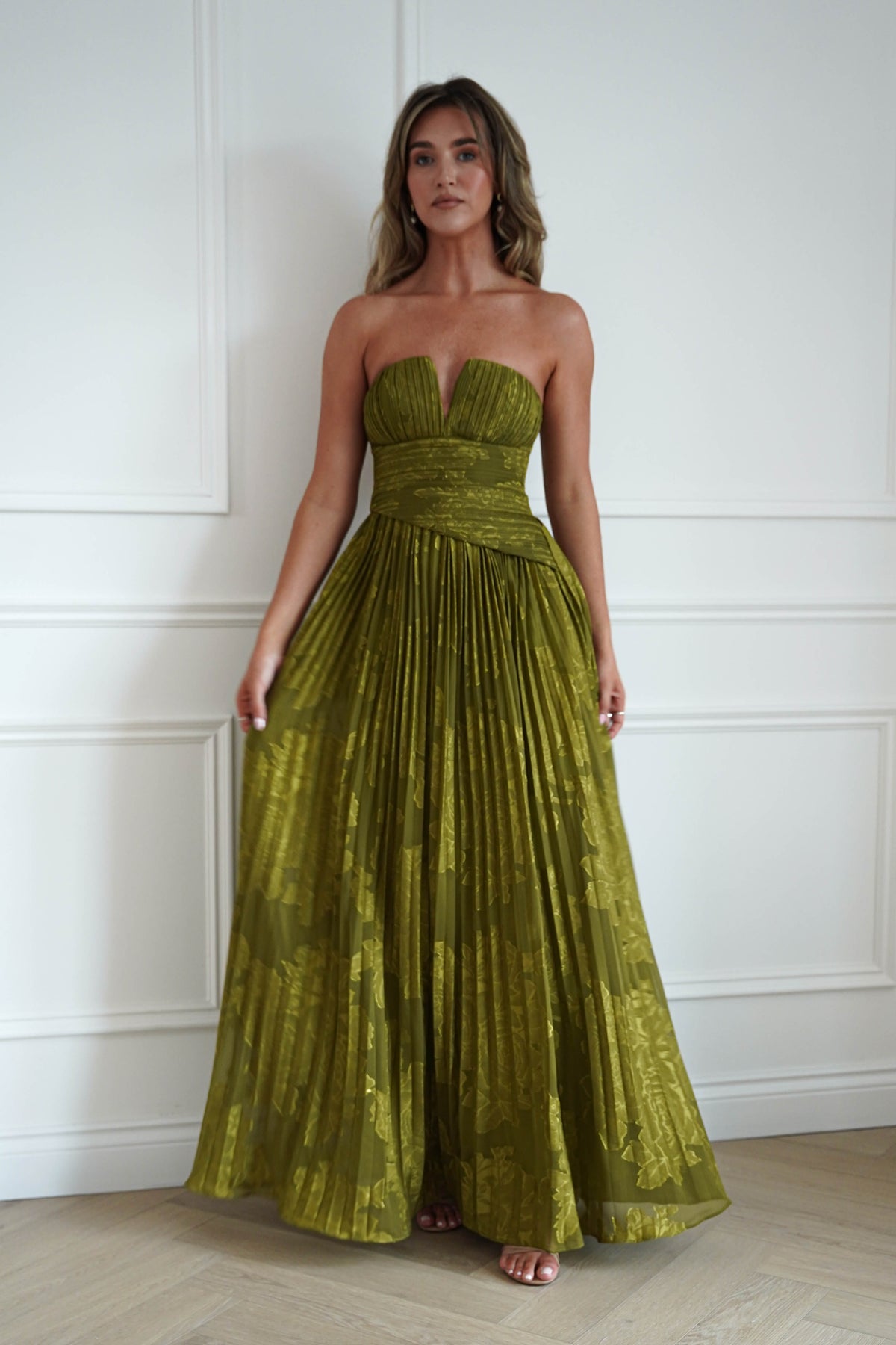 Rubi Floral Textured Ruffle Pleated Maxi Dress | Green-Oh Hello Clothing