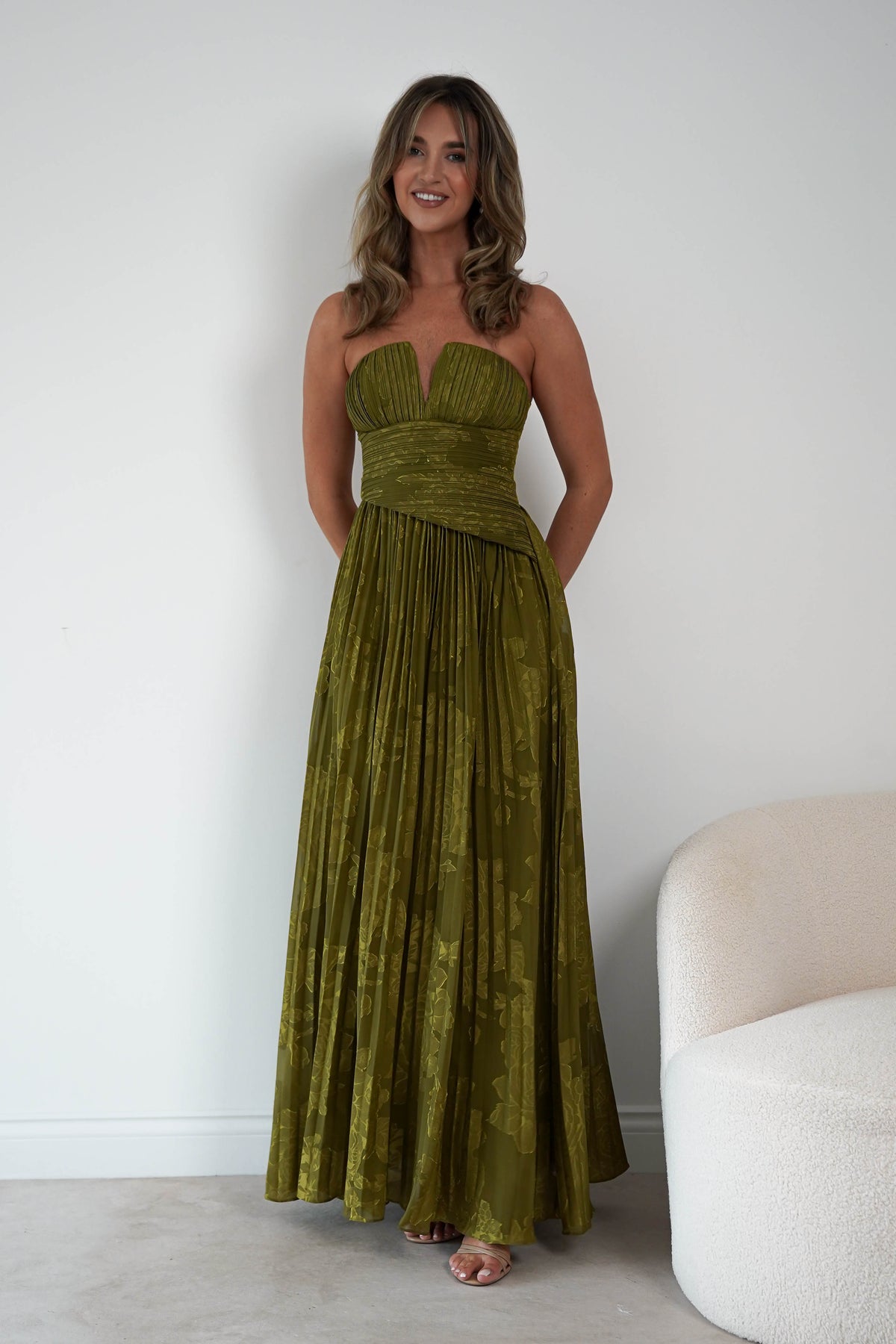 Rubi Floral Textured Ruffle Pleated Maxi Dress | Green-Oh Hello Clothing
