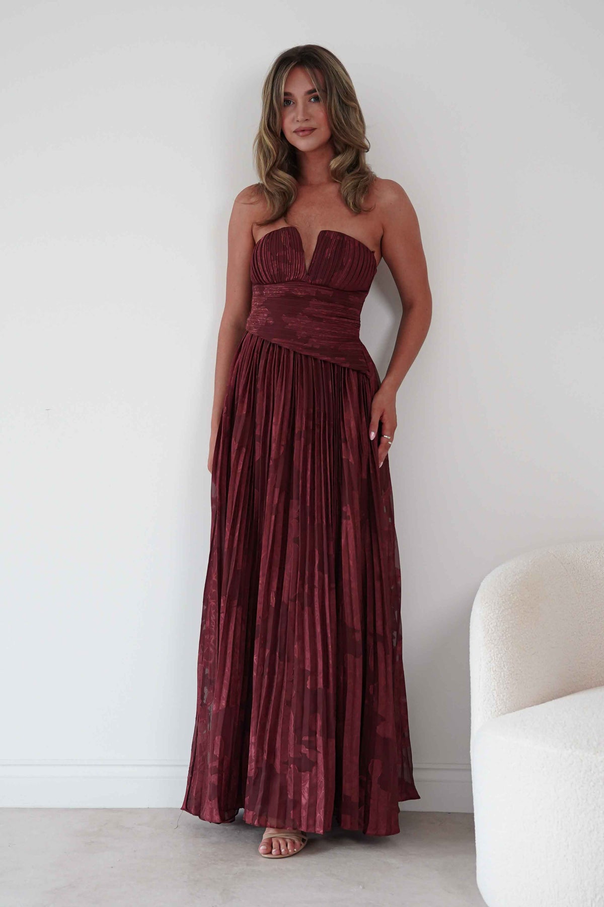 Rubi Floral Textured Ruffle Pleated Maxi Dress | Wine-Oh Hello Clothing