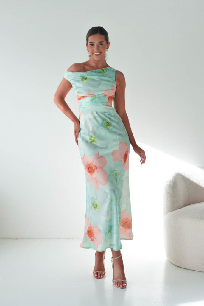 Rumi Floral Print Off The Shoulder Maxi | Green-Oh Hello Clothing