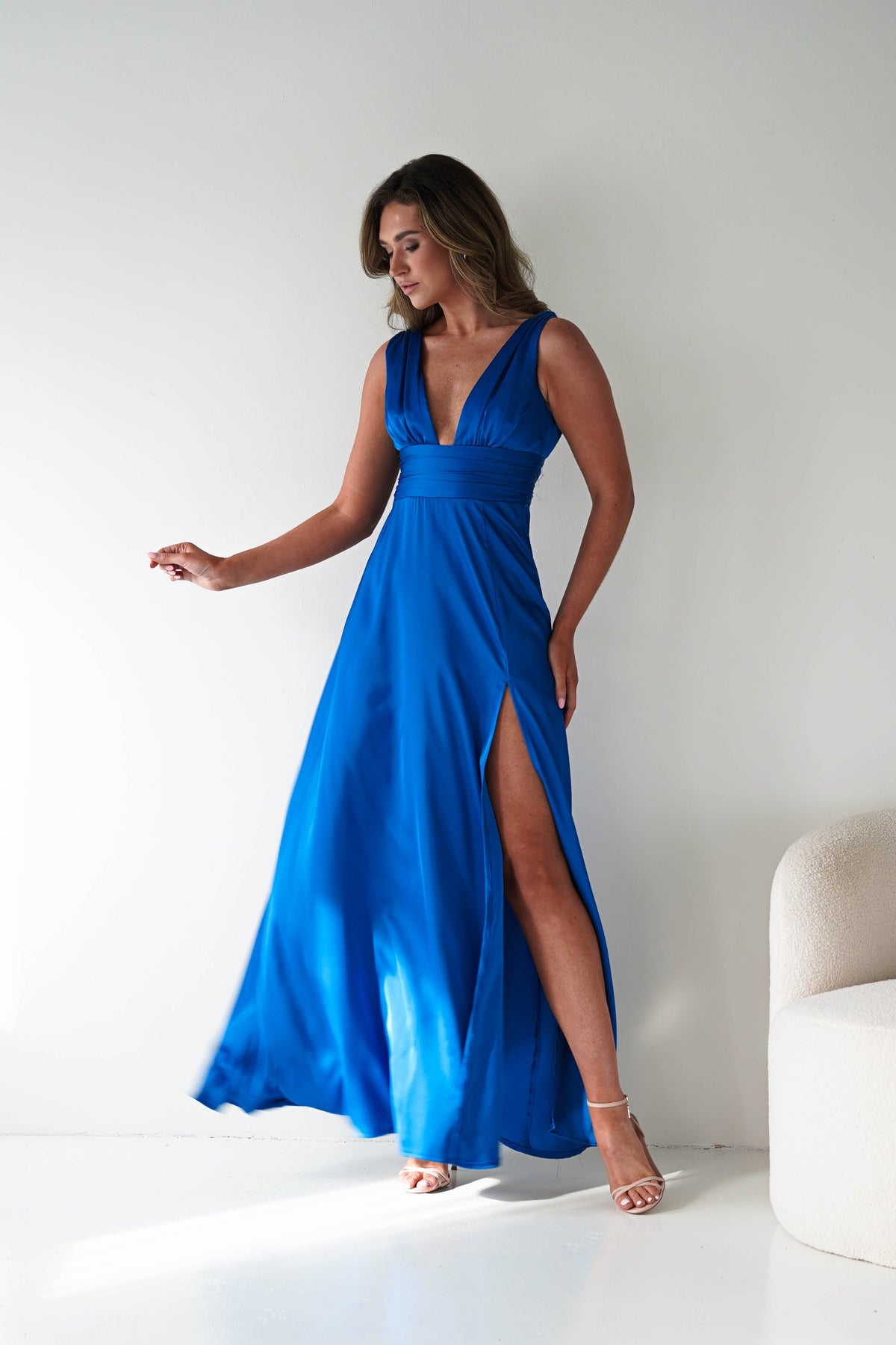 Saffron V-Neck Soft Satin Maxi Dress | Royal Blue-Oh Hello Clothing