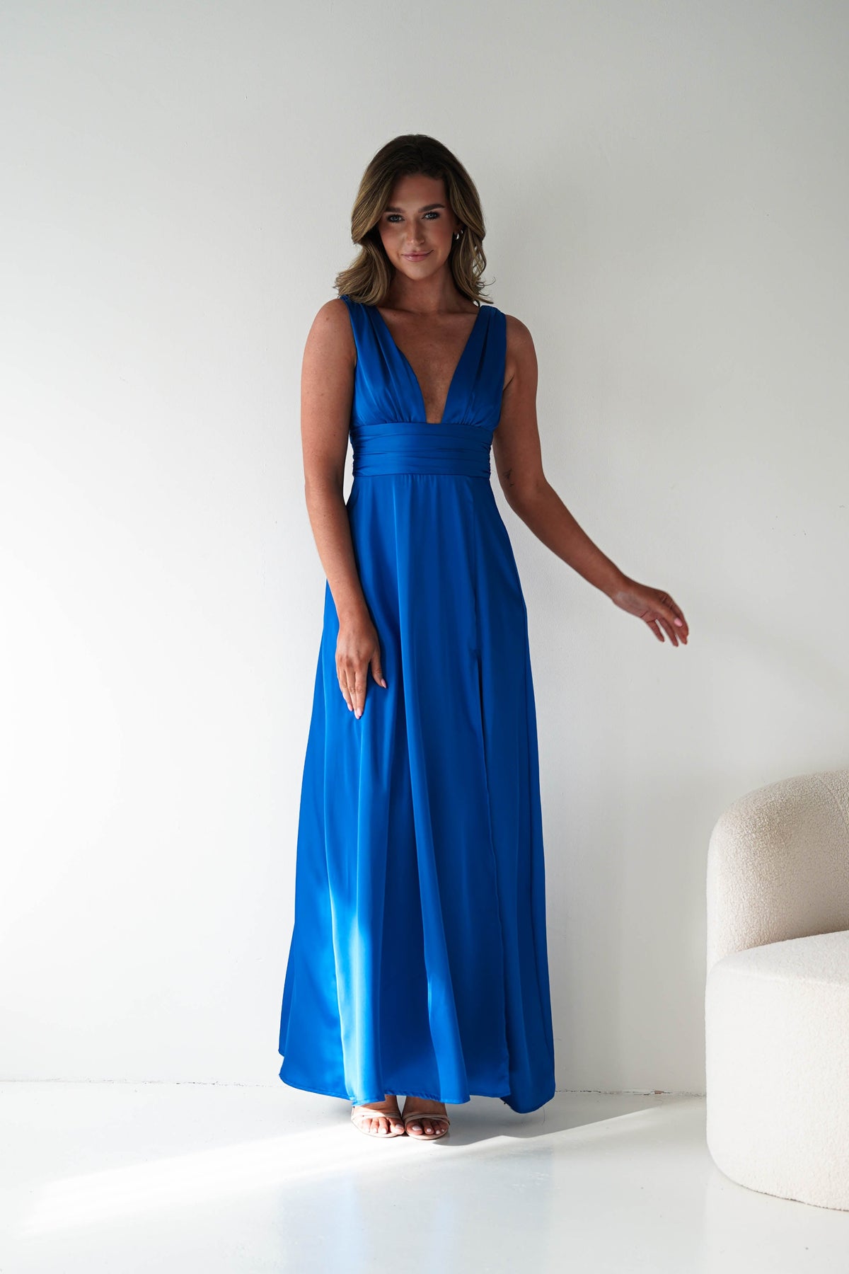 Saffron V-Neck Soft Satin Maxi Dress | Royal Blue-Oh Hello Clothing