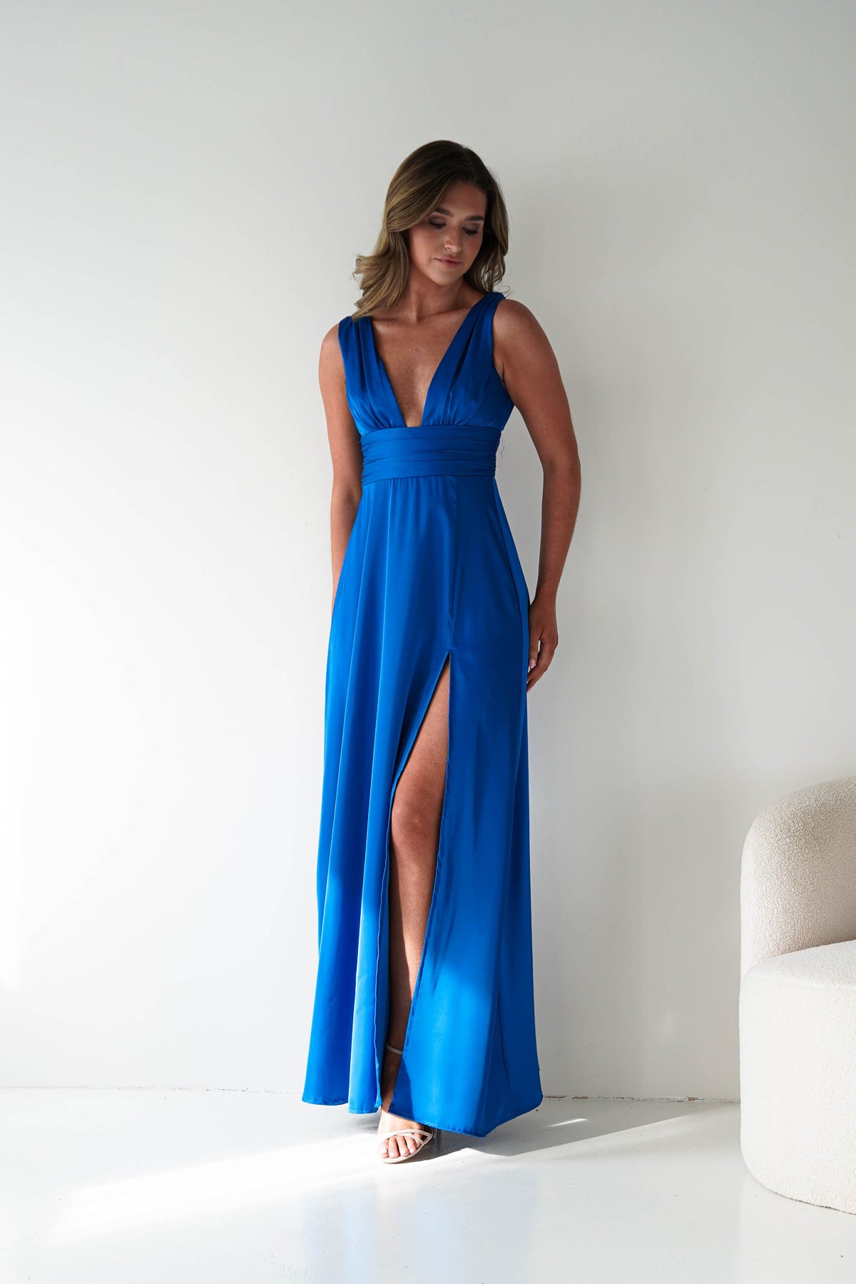 Saffron V-Neck Soft Satin Maxi Dress | Royal Blue-Oh Hello Clothing