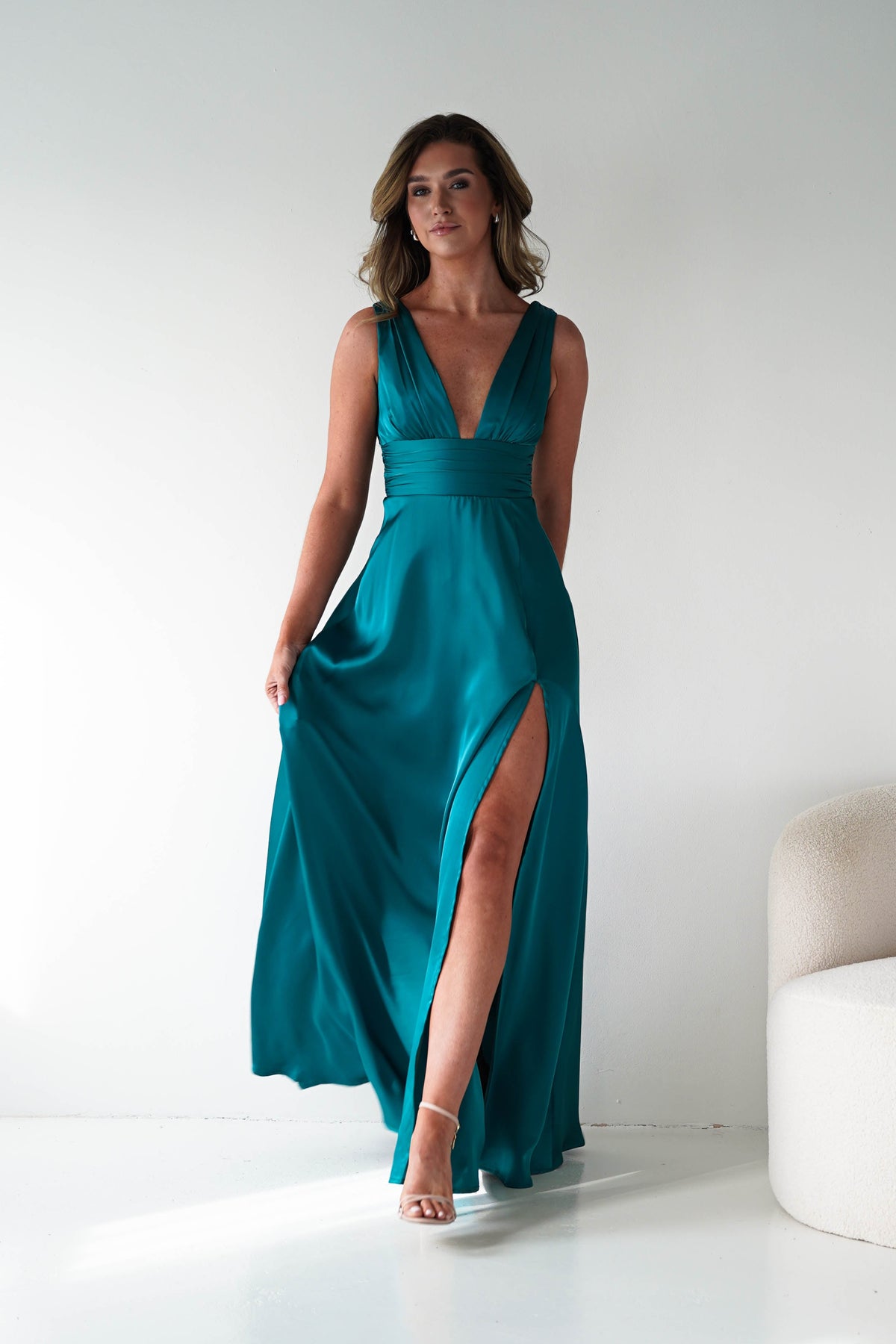 Saffron V-Neck Soft Satin Maxi Dress | Teal-Oh Hello Clothing