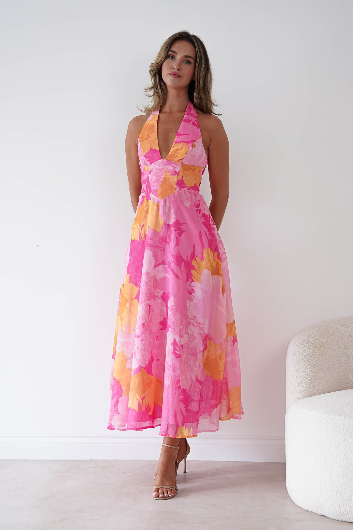 Sanya Floral Print Halterneck Maxi Dress | Pink-Oh Hello Clothing