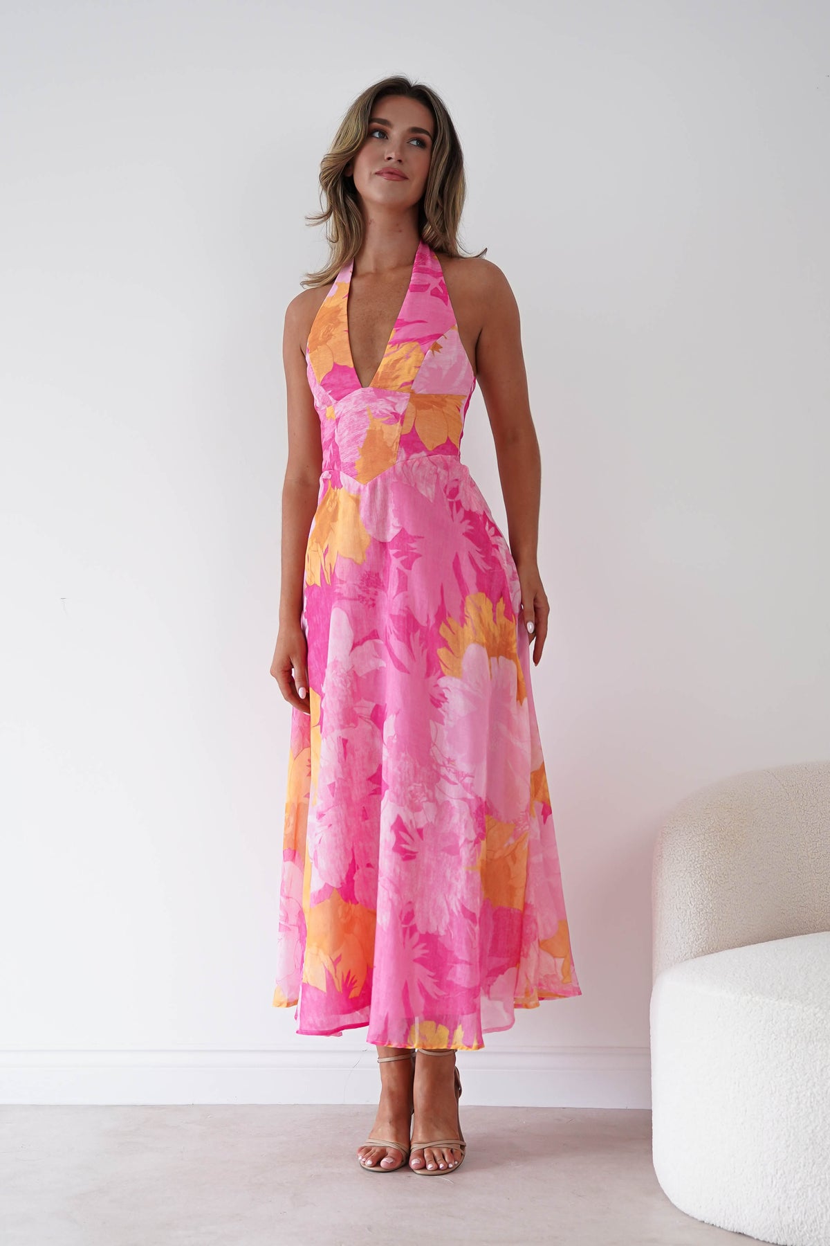 Sanya Floral Print Halterneck Maxi Dress | Pink-Oh Hello Clothing