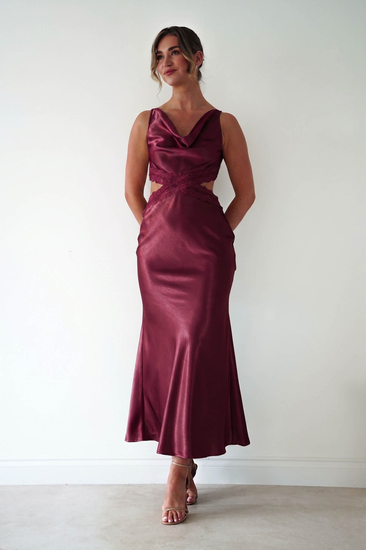Saoirse Satin Lace Cut Out Maxi Dress | Wine-Oh Hello Clothing