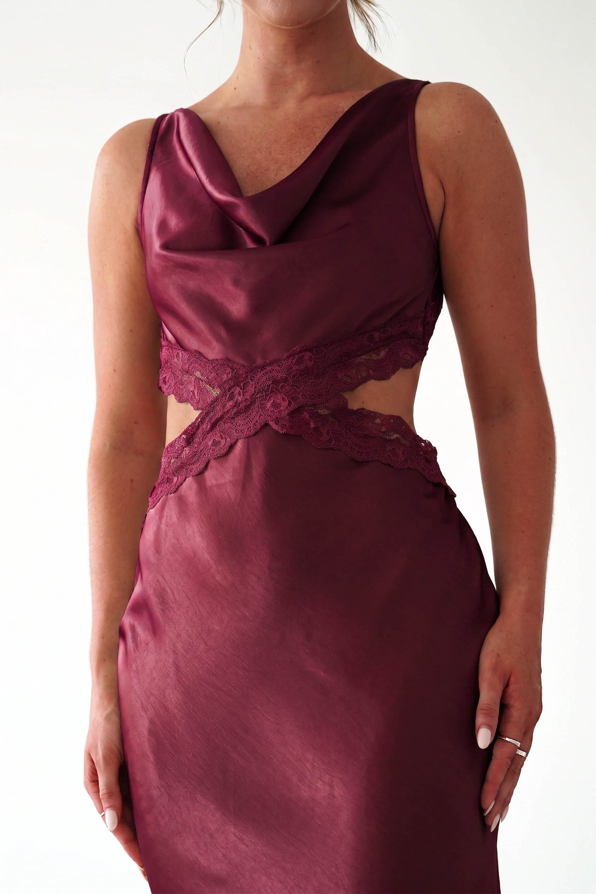 Saoirse Satin Lace Cut Out Maxi Dress | Wine-Oh Hello Clothing