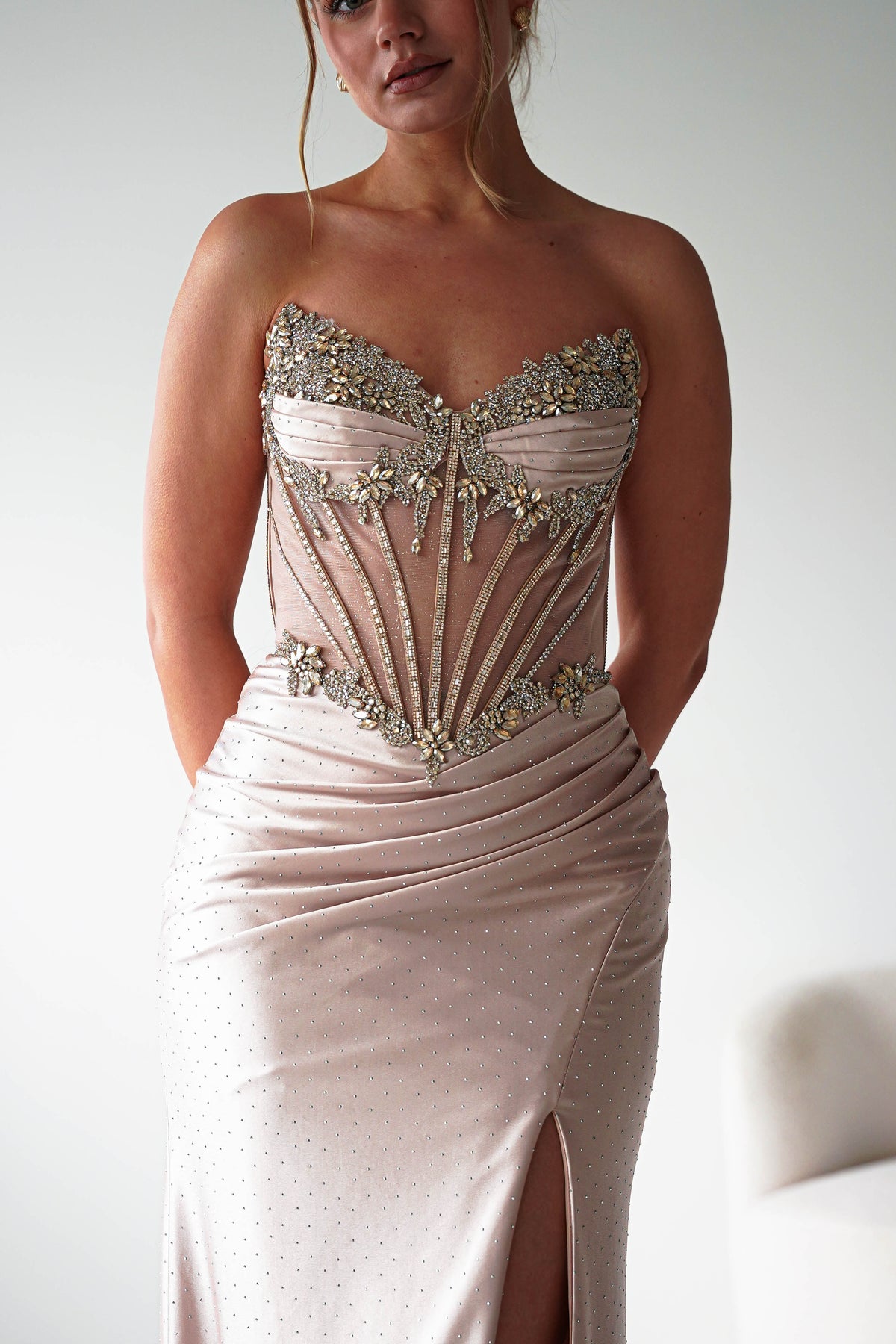 Sarena Strapless Embellished Prom Dress | Gold-Oh Hello Clothing