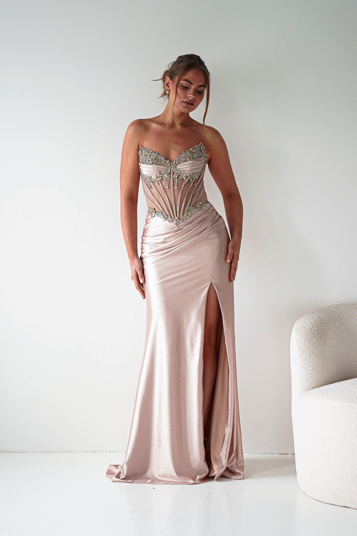 Sarena Strapless Embellished Prom Dress | Gold-Oh Hello Clothing