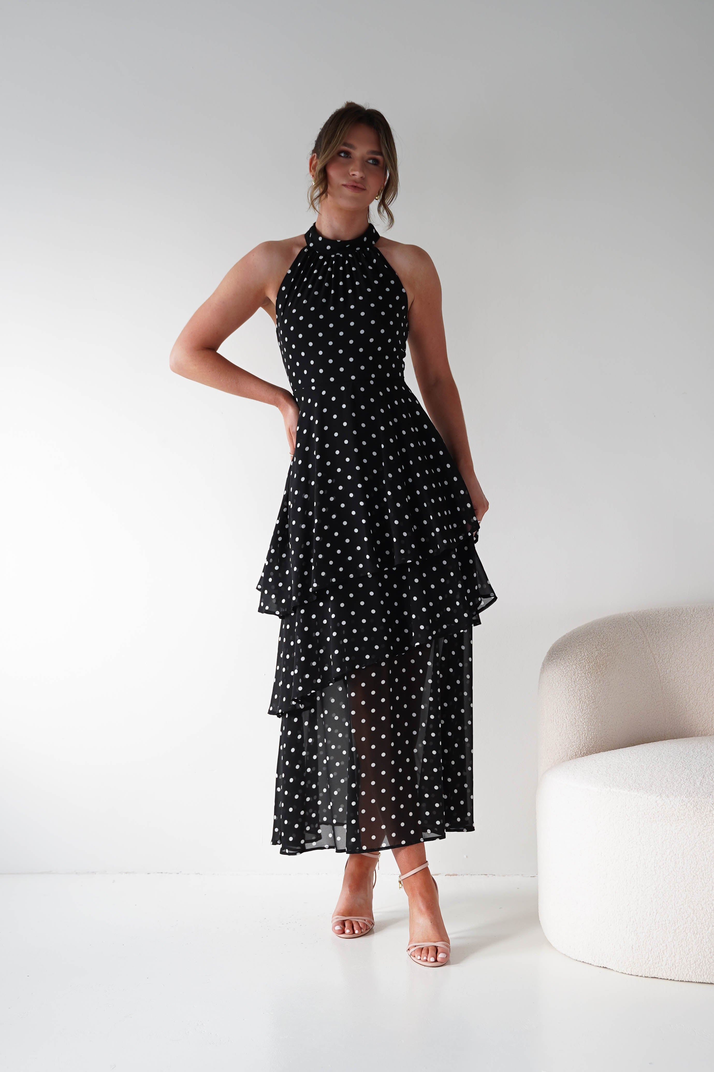 Black Polka Dot Wedding Guest Maxi Dress | Seville | Oh Hello | UK